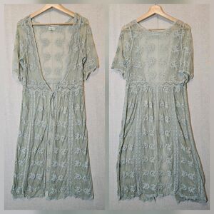 Pol Light Sage Green Lace Kimono Topper Swim Cover-up Boho Cottage Small Medium